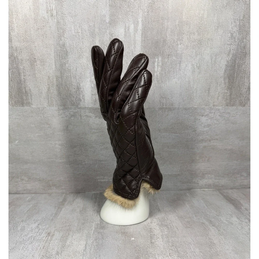 Brown Quilted Leather Gloves with Real Rabbit Fur Trim Small Chocolate Winter